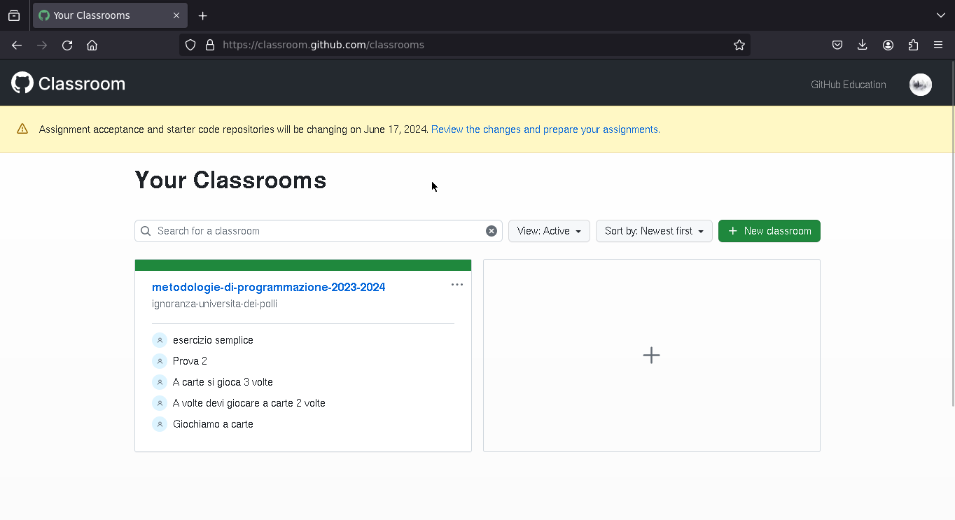 GitHub Classroom first page
